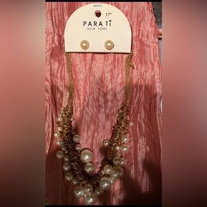 Women’s Necklace and Pierced Earrings Set. Faux gold/pearl jewelry